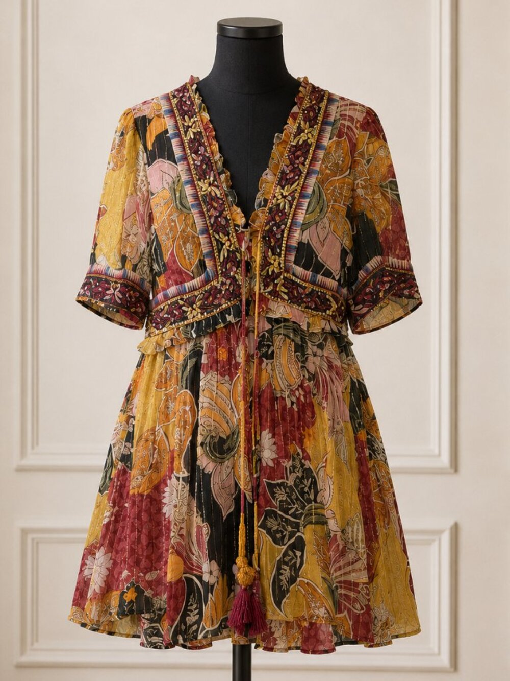 Verb by Pallavi Singhee Anthropologie Metallic Shimmer Mini Dress S Beaded V-Nec